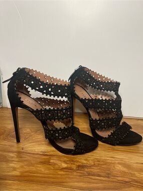 Alaia Black Lace Cutout Strappy High Heel Sandals
